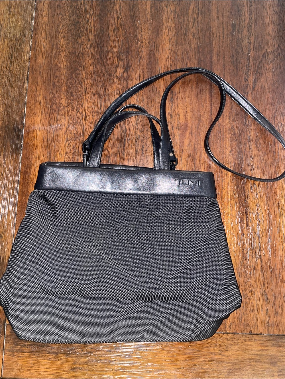 Tumi Black Nylon Tote with Leather Trim and Crossbody Strap
